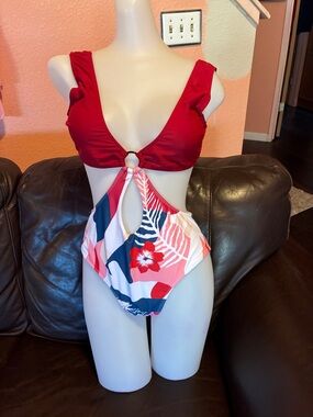 Red Floral Cutout Kids One-Piece Swimsuit